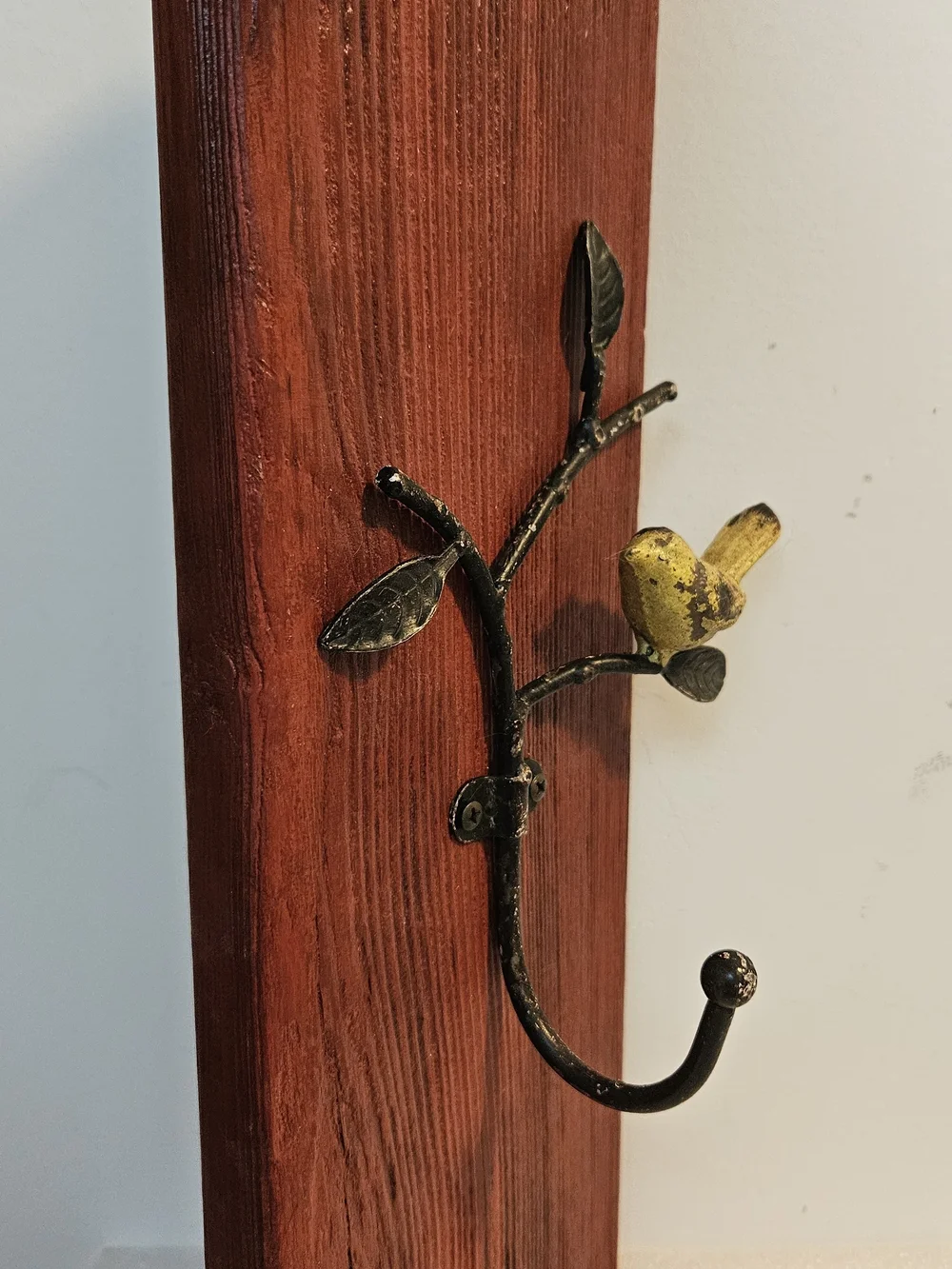 Yellow Bird Wall Hook on Rustic Red Wood - Home Wall Decor
